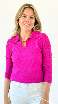 Textured Collared Top - Magenta-110 Long Sleeve Tops-Rousseau-Coastal Bloom Boutique, find the trendiest versions of the popular styles and looks Located in Indialantic, FL