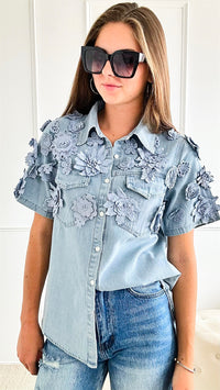 Flower Applique Buttoned-Down Denim Blouse-110 Short Sleeve Tops-JJ'S FAIRYLAND-Coastal Bloom Boutique, find the trendiest versions of the popular styles and looks Located in Indialantic, FL