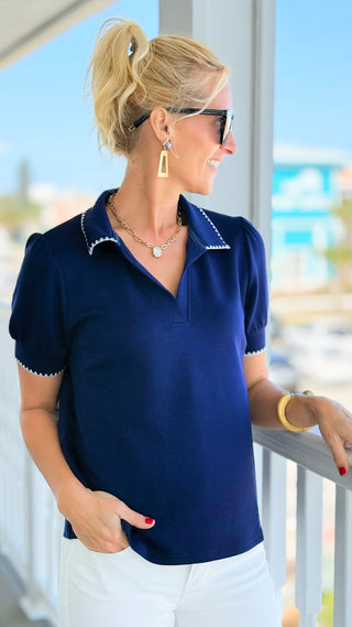 Classic Comfort Collared Top - Navy