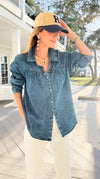 Gathered Detail Acid Wash Denim Blouse-110 Long Sleeve Tops-sew in love-Coastal Bloom Boutique, find the trendiest versions of the popular styles and looks Located in Indialantic, FL
