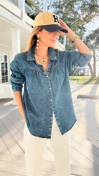 Gathered Detail Acid Wash Denim Blouse-110 Long Sleeve Tops-sew in love-Coastal Bloom Boutique, find the trendiest versions of the popular styles and looks Located in Indialantic, FL
