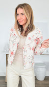 Cottage Rose Ruffle Quilted Puff Jacket-160 Jackets-STORIA-Coastal Bloom Boutique, find the trendiest versions of the popular styles and looks Located in Indialantic, FL