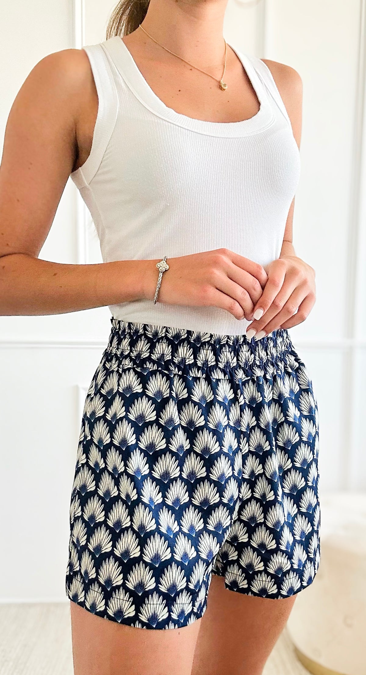Fanning Out Printed Short With Pockets - Navy-170 Bottoms-EESOME-Coastal Bloom Boutique, find the trendiest versions of the popular styles and looks Located in Indialantic, FL