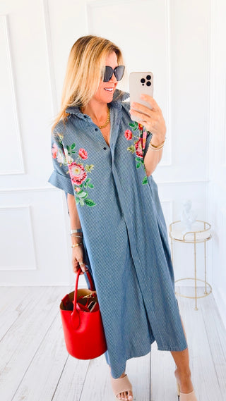 Botanical Contrast Stripe Italian Button Long Dress