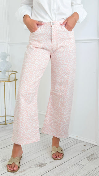 Wild Side Leopard Barrel Leg Crop Jean - PInk