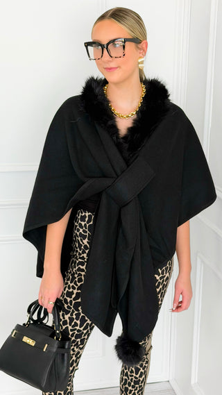 Plush Collar Wrap Poncho - Black