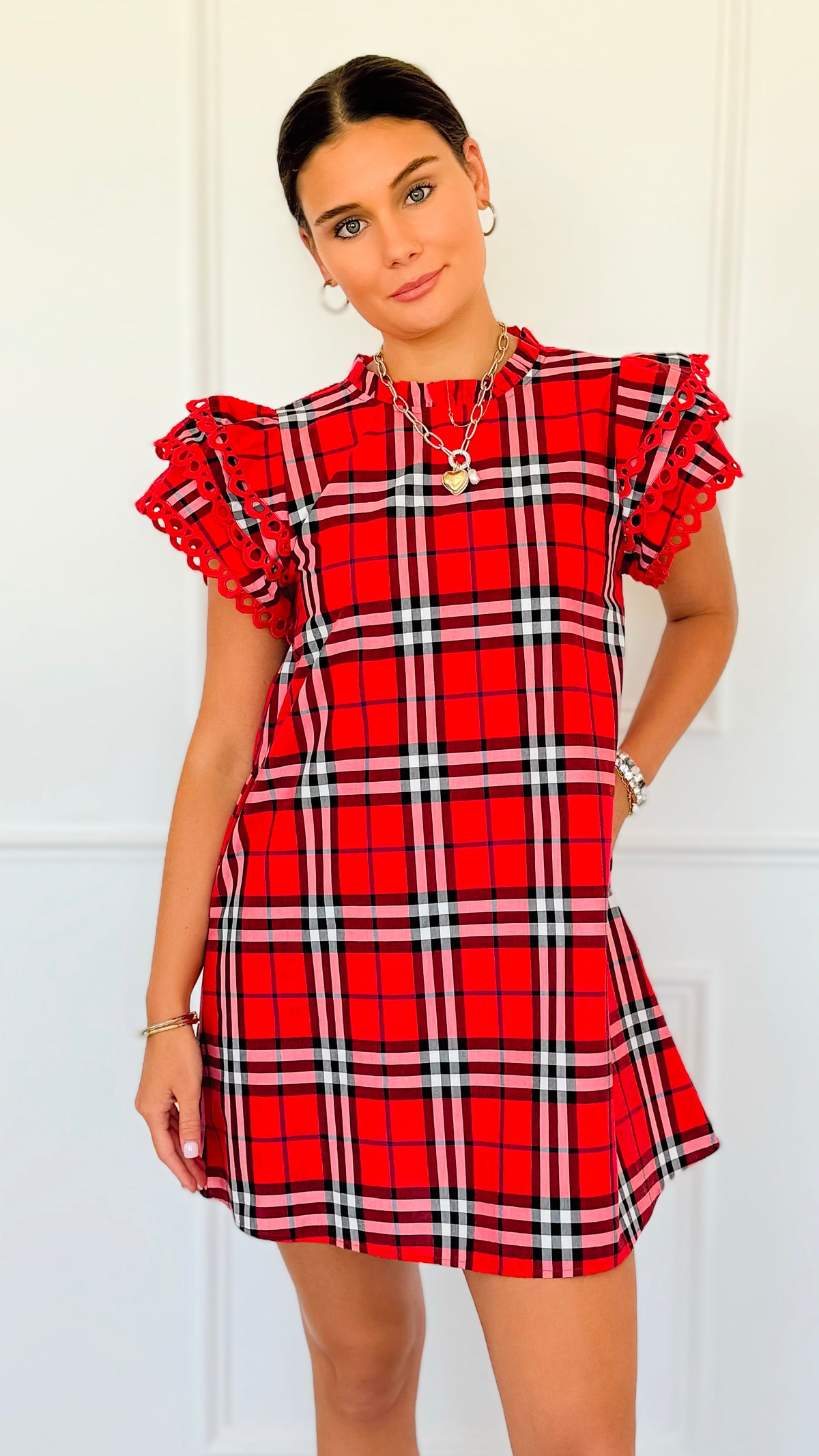 Plaid Ruffle Sleeve Dress - Red Mix-200 Dresses/Jumpsuits/Rompers-Jodifl-Coastal Bloom Boutique, find the trendiest versions of the popular styles and looks Located in Indialantic, FL