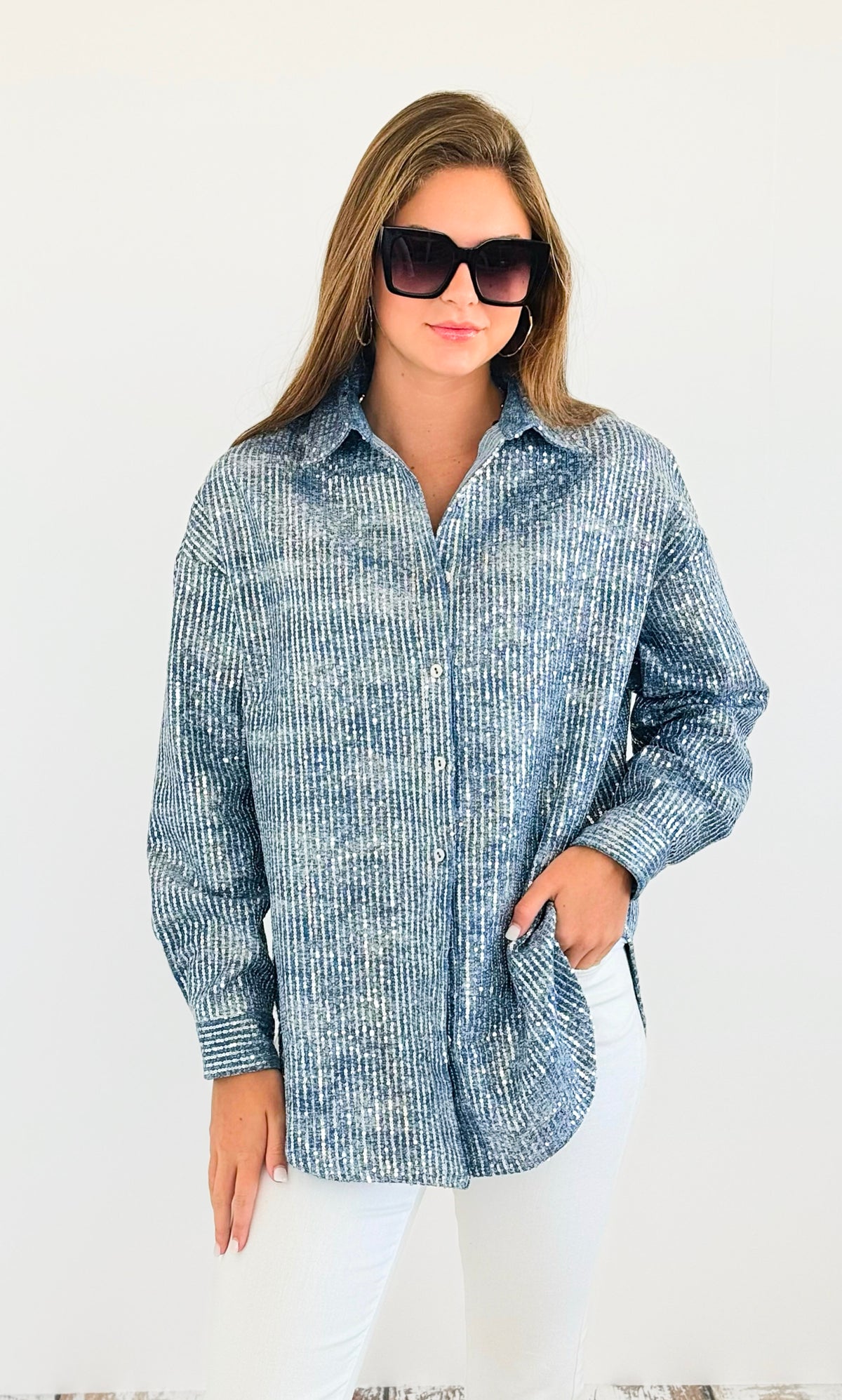 Sparkly Sequin Denim Shacket-130 Long Sleeve Tops-Hot & Delicious-Coastal Bloom Boutique, find the trendiest versions of the popular styles and looks Located in Indialantic, FL