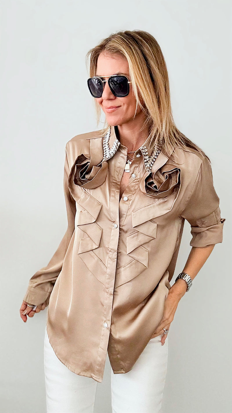 Collar Diamond Embellished Blouse - Khaki-160 Jackets-JJ's Fairyland-Coastal Bloom Boutique, find the trendiest versions of the popular styles and looks Located in Indialantic, FL