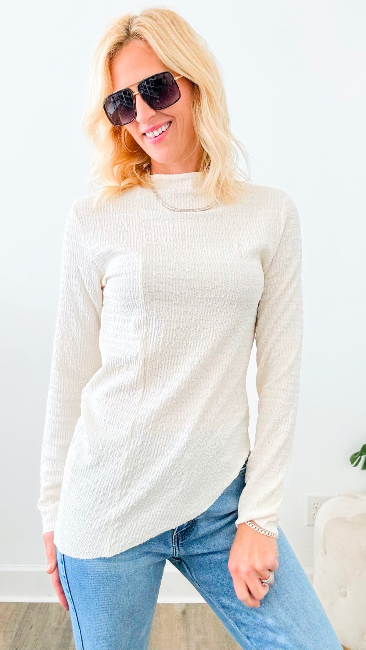 Asymmetric Textured Top - Cream-130 Long Sleeve Tops-Glam-Coastal Bloom Boutique, find the trendiest versions of the popular styles and looks Located in Indialantic, FL