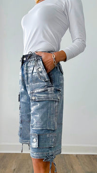 Silver Metallic Cargo Jorts-170 Bottoms-VIBRANT M.I.U-Coastal Bloom Boutique, find the trendiest versions of the popular styles and looks Located in Indialantic, FL
