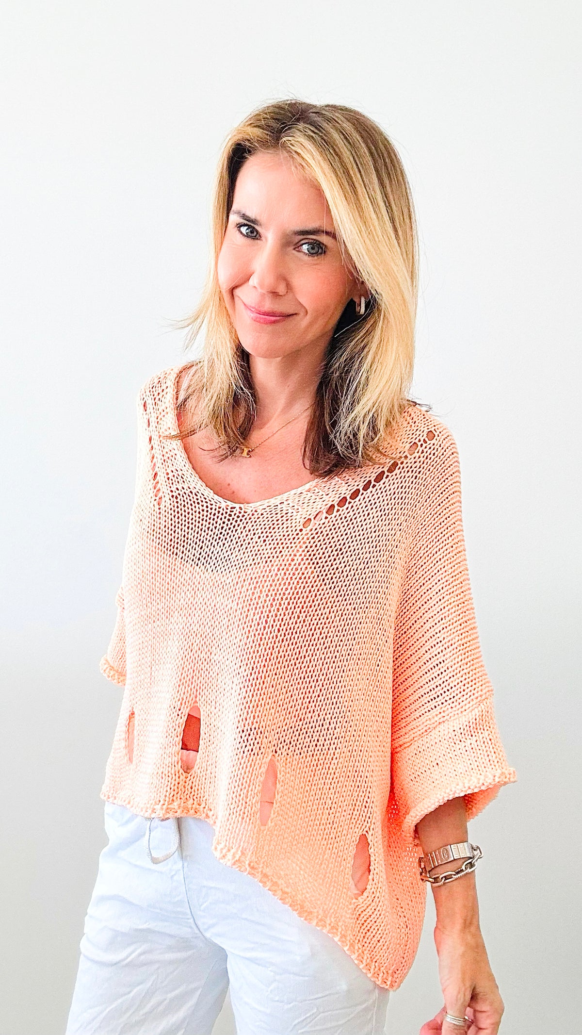 Stellar Keyhole Italian Crochet Pullover - Melon-140 Sweaters-Germany-Coastal Bloom Boutique, find the trendiest versions of the popular styles and looks Located in Indialantic, FL