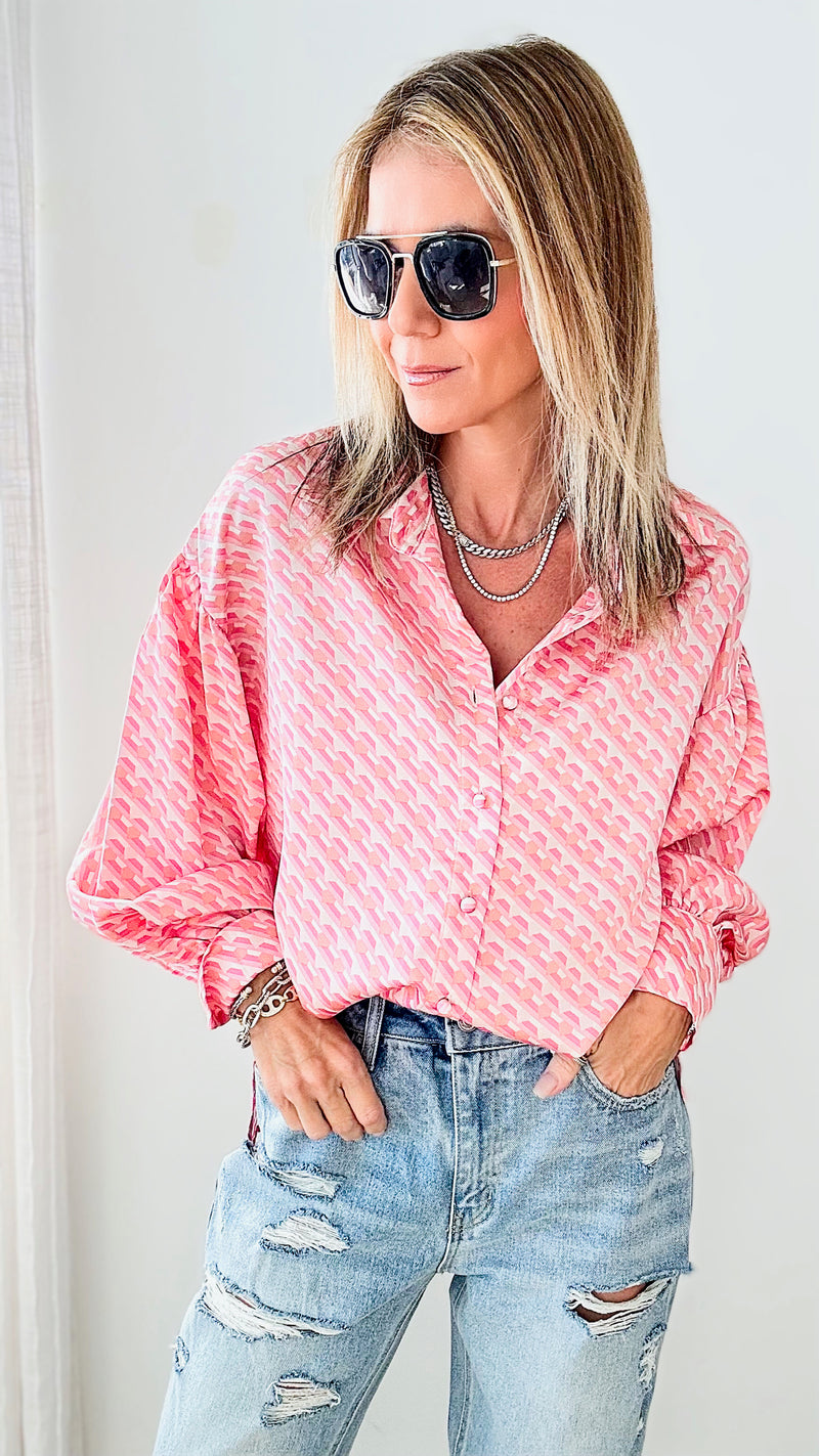 Pink Sunset Satin Button Up Blouse - Pink-130 Long Sleeve Tops-Fate By LFD-Coastal Bloom Boutique, find the trendiest versions of the popular styles and looks Located in Indialantic, FL