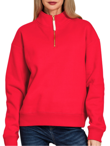 Weekend Luxe Zip Sweatshirt - Ruby-130 Long Sleeve Tops-Zenana-Coastal Bloom Boutique, find the trendiest versions of the popular styles and looks Located in Indialantic, FL