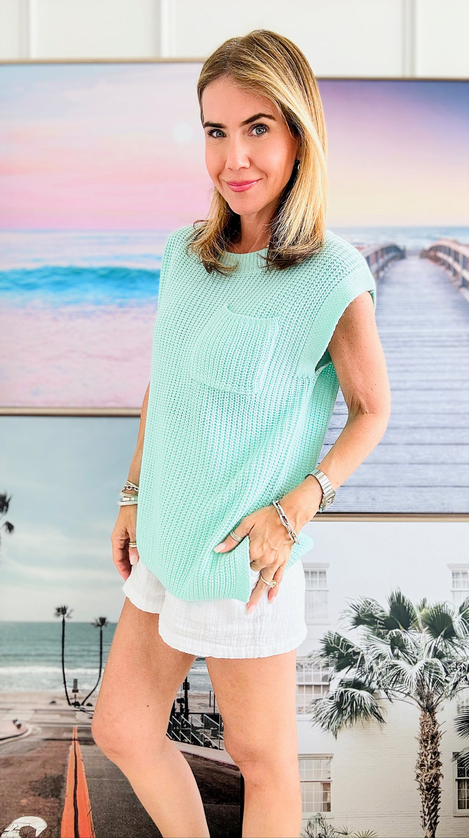 Knitted Crew Neck Slipover Sweater Sleeveless- Mint-00 Sleevless Tops-BIBI-Coastal Bloom Boutique, find the trendiest versions of the popular styles and looks Located in Indialantic, FL