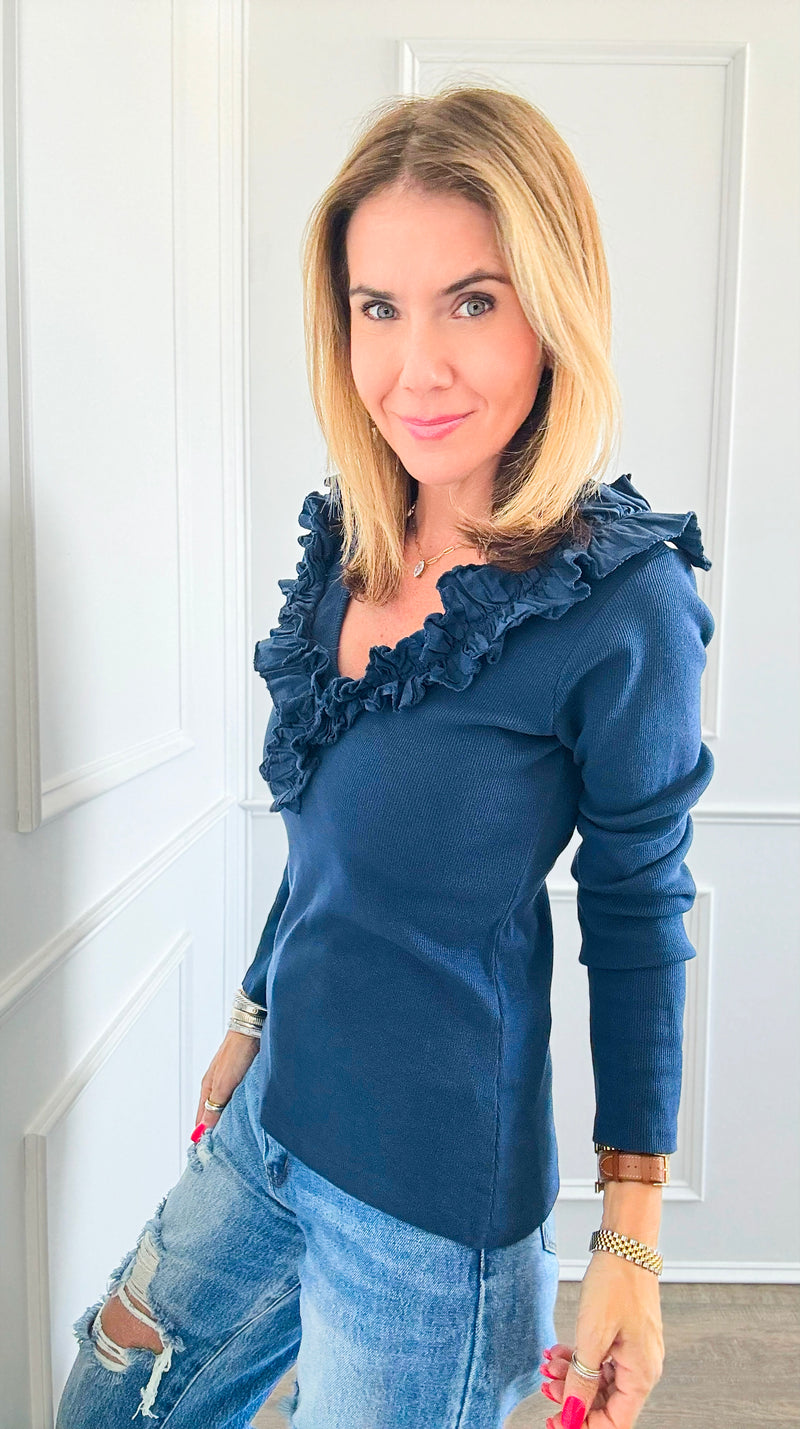 Whimsical Ruffle Italian Pullover- Navy-100 Sleeveless Tops-Italianissimo-Coastal Bloom Boutique, find the trendiest versions of the popular styles and looks Located in Indialantic, FL