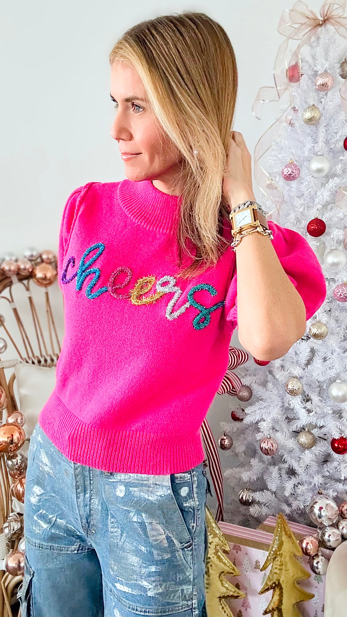 "Cheers" Lurex Embroidery Sweater - Deep Pink-140 Sweaters-Peach Love California-Coastal Bloom Boutique, find the trendiest versions of the popular styles and looks Located in Indialantic, FL