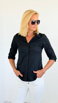 Solid 3/4 Sleeve Stretchy Blouse - Black-110 Short Sleeve Tops-High MJ-MICHEL-Coastal Bloom Boutique, find the trendiest versions of the popular styles and looks Located in Indialantic, FL