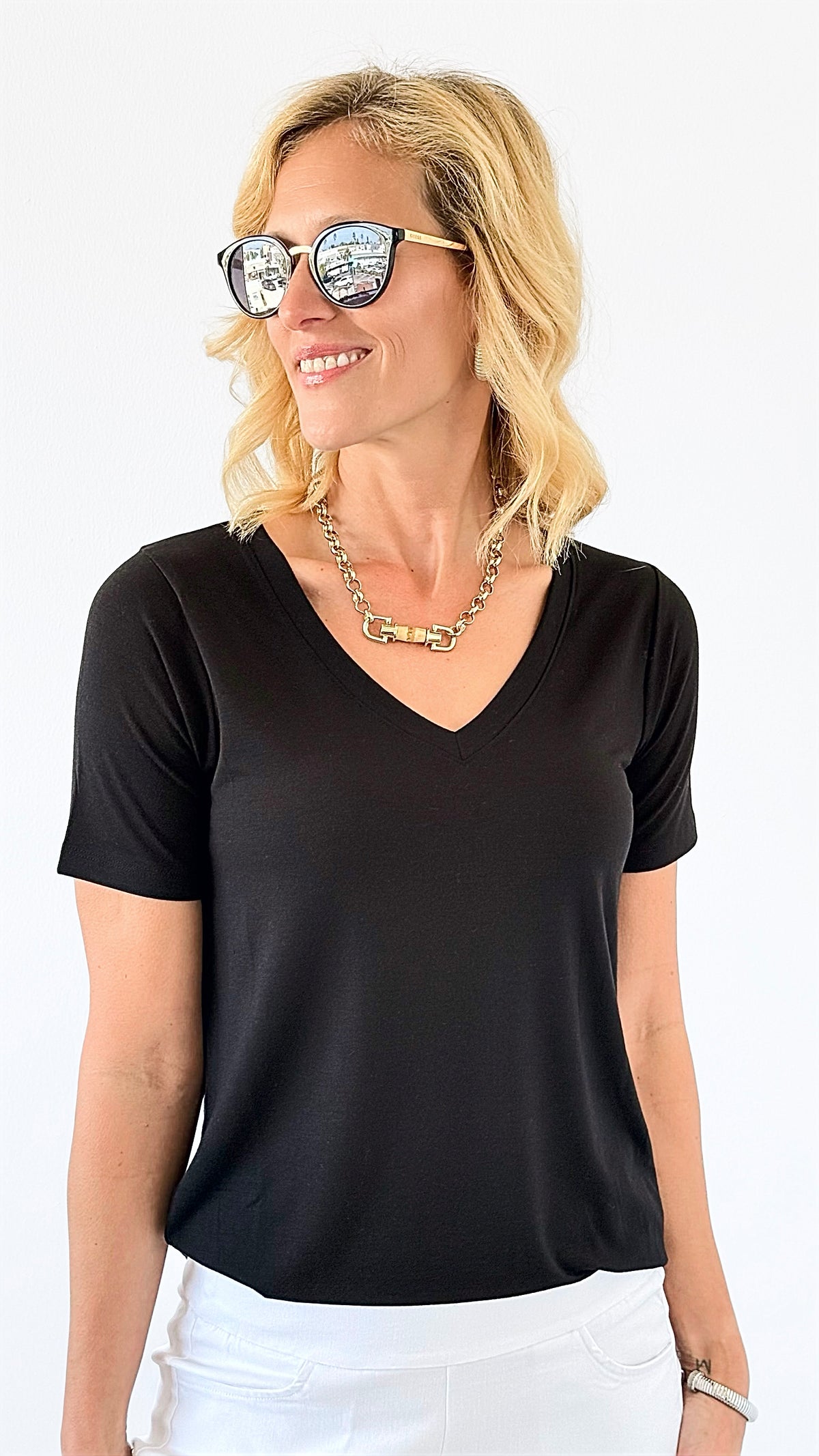 Casual Luxe V-Neck Top - Black-110 Short Sleeve Tops-Zenana-Coastal Bloom Boutique, find the trendiest versions of the popular styles and looks Located in Indialantic, FL