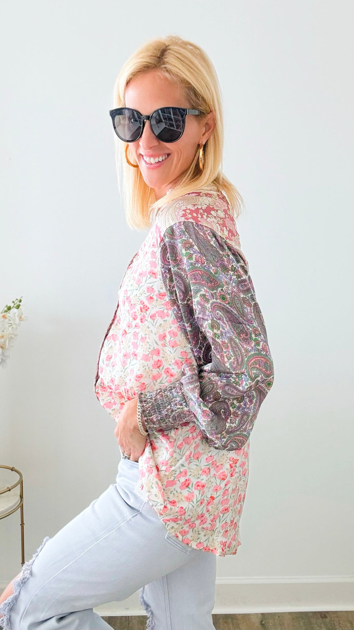 Long Sleeve Multi Print Blouse Top-130 Long Sleeve Tops-Rousseau-Coastal Bloom Boutique, find the trendiest versions of the popular styles and looks Located in Indialantic, FL