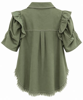 Linen Ruffle Button-Up Shirt - Olive