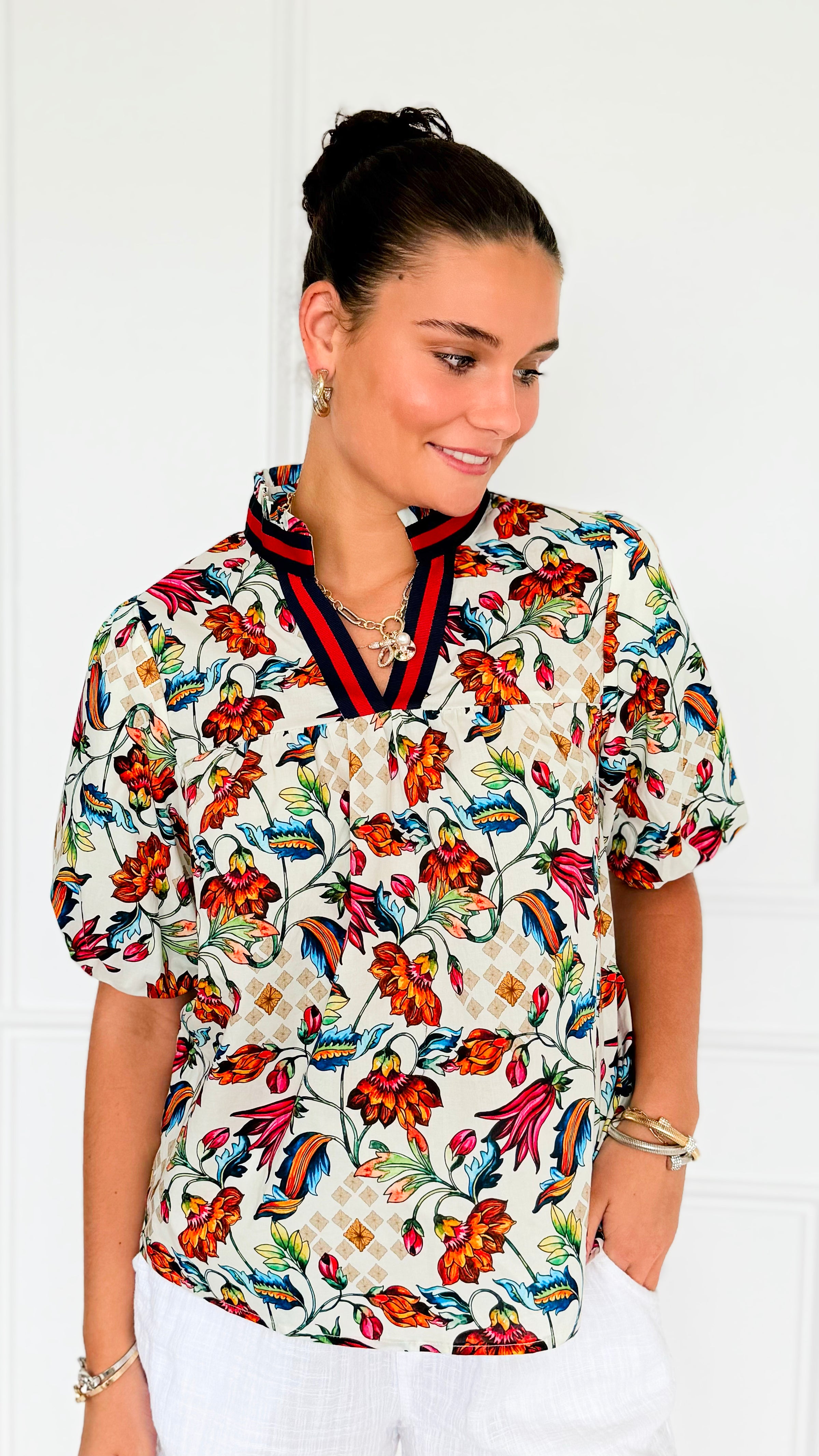 Secret Garden Stripe V-Neck Blouse-110 short Sleeve Top-VOY-Coastal Bloom Boutique, find the trendiest versions of the popular styles and looks Located in Indialantic, FL
