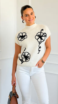 Floral Trim Knit Sleeveless Sweater- Cream-140 Sweaters-Blu Pepper-Coastal Bloom Boutique, find the trendiest versions of the popular styles and looks Located in Indialantic, FL