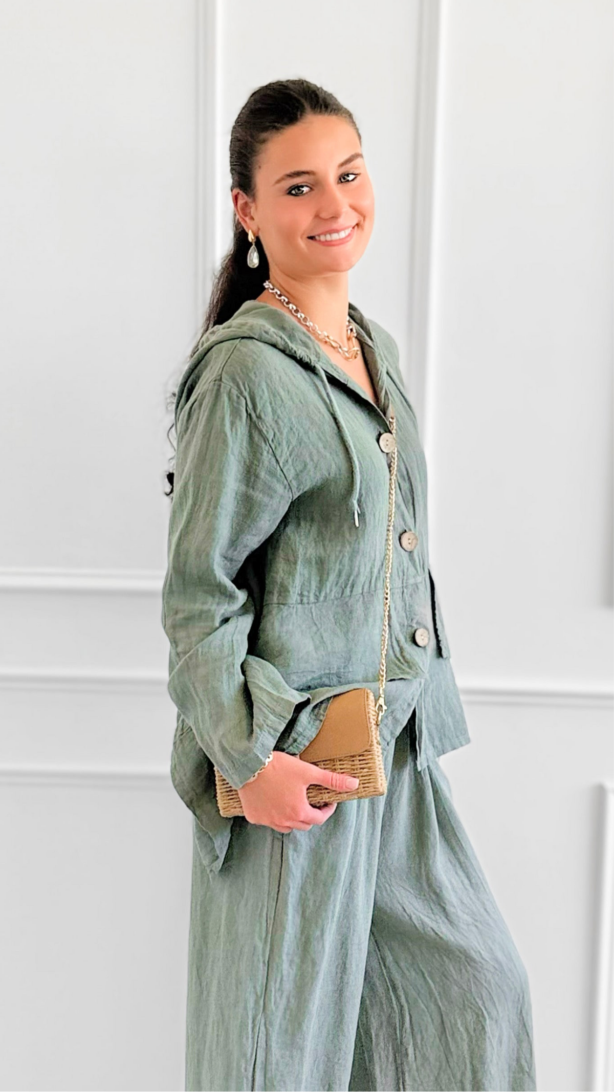 Linear Luxe Italian Linen Jacket-Olive-160 Jackets-FIORE-Coastal Bloom Boutique, find the trendiest versions of the popular styles and looks Located in Indialantic, FL