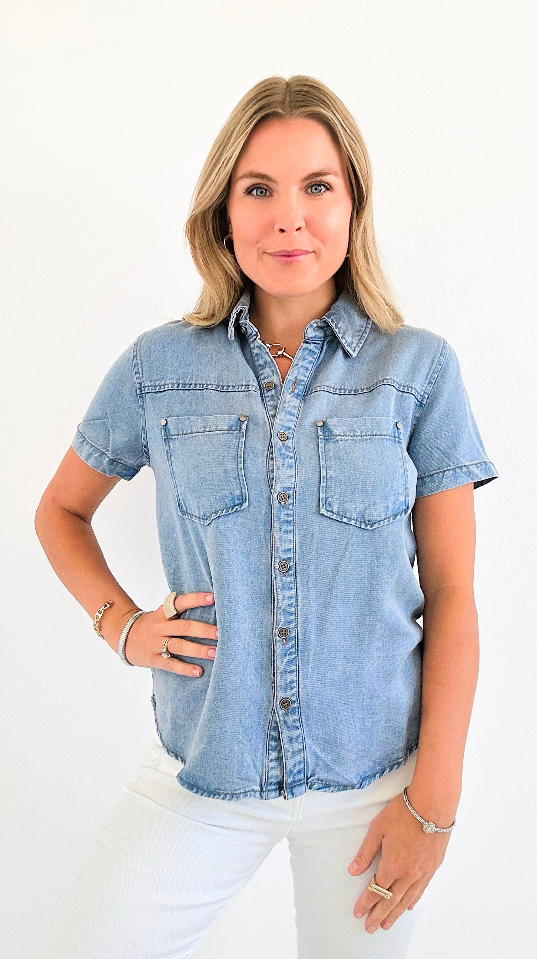 Short Sleeve Denim Pocket Top-110 Short Sleeve Tops-Blu Pepper-Coastal Bloom Boutique, find the trendiest versions of the popular styles and looks Located in Indialantic, FL