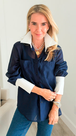 Sheer Petal Contrast Italian Button-Up- Navy