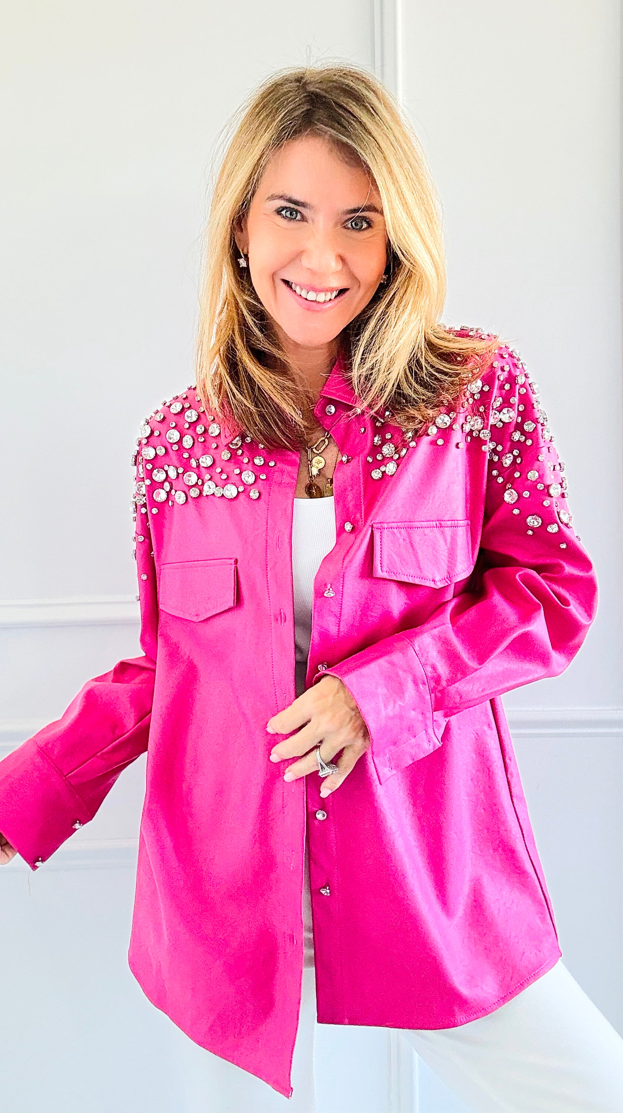 Shimmering Elegance Button-Down Jacket - Pink-160 Jackets-SALT-Coastal Bloom Boutique, find the trendiest versions of the popular styles and looks Located in Indialantic, FL