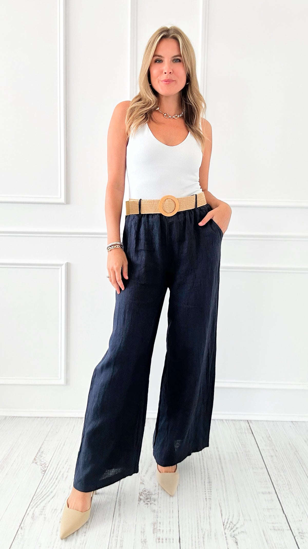 Breezy Elegant Linen Italian Pant- Navy-100 Pants-Italianissimo-Coastal Bloom Boutique, find the trendiest versions of the popular styles and looks Located in Indialantic, FL