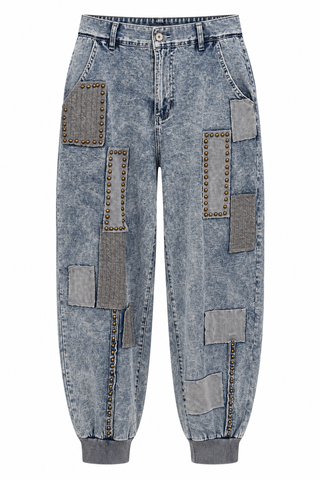 Studded Patchwork Denim Jogger Pants