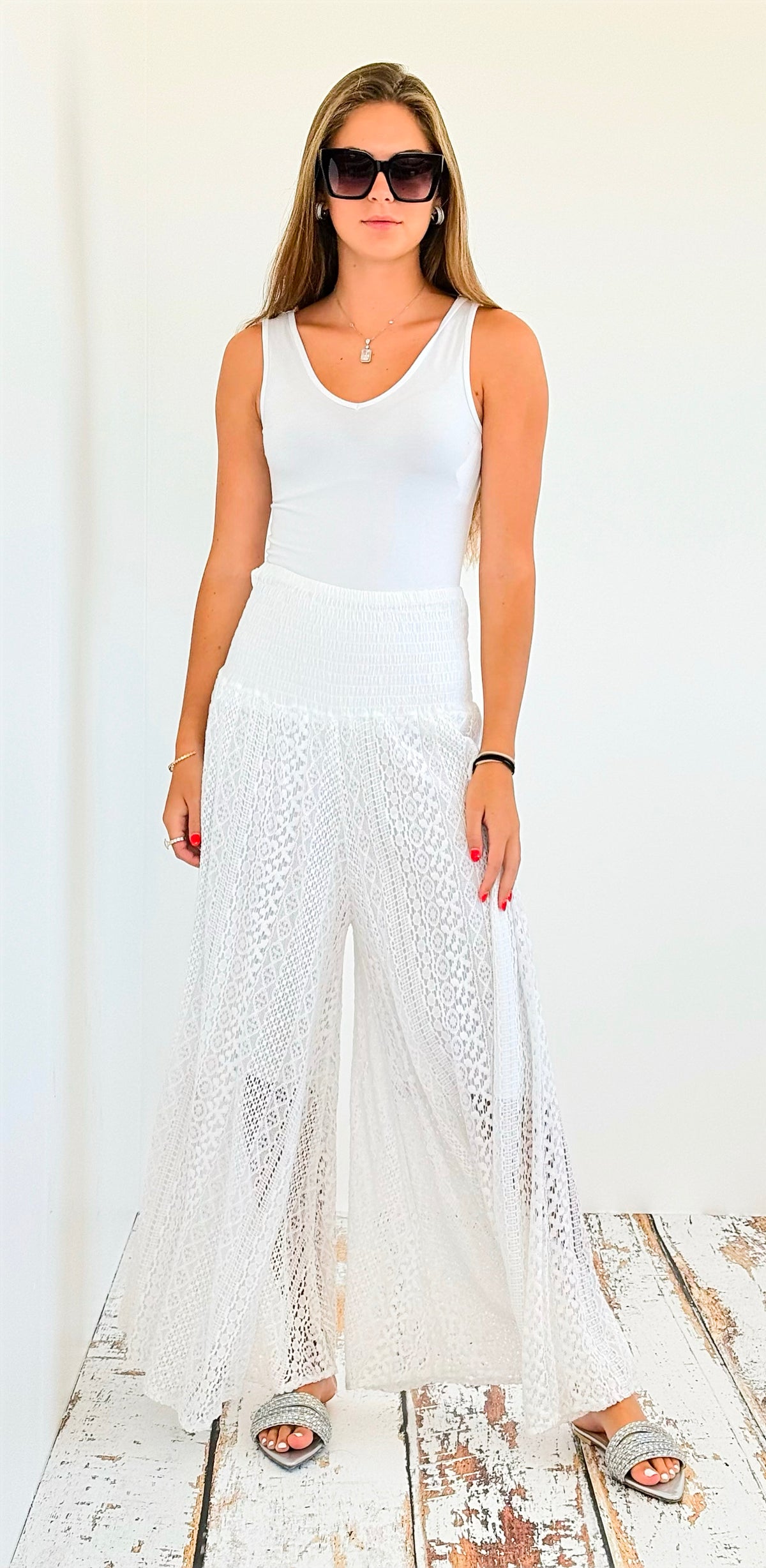 Lace Garden Italian Palazzo - White-pants-Italianissimo-Coastal Bloom Boutique, find the trendiest versions of the popular styles and looks Located in Indialantic, FL