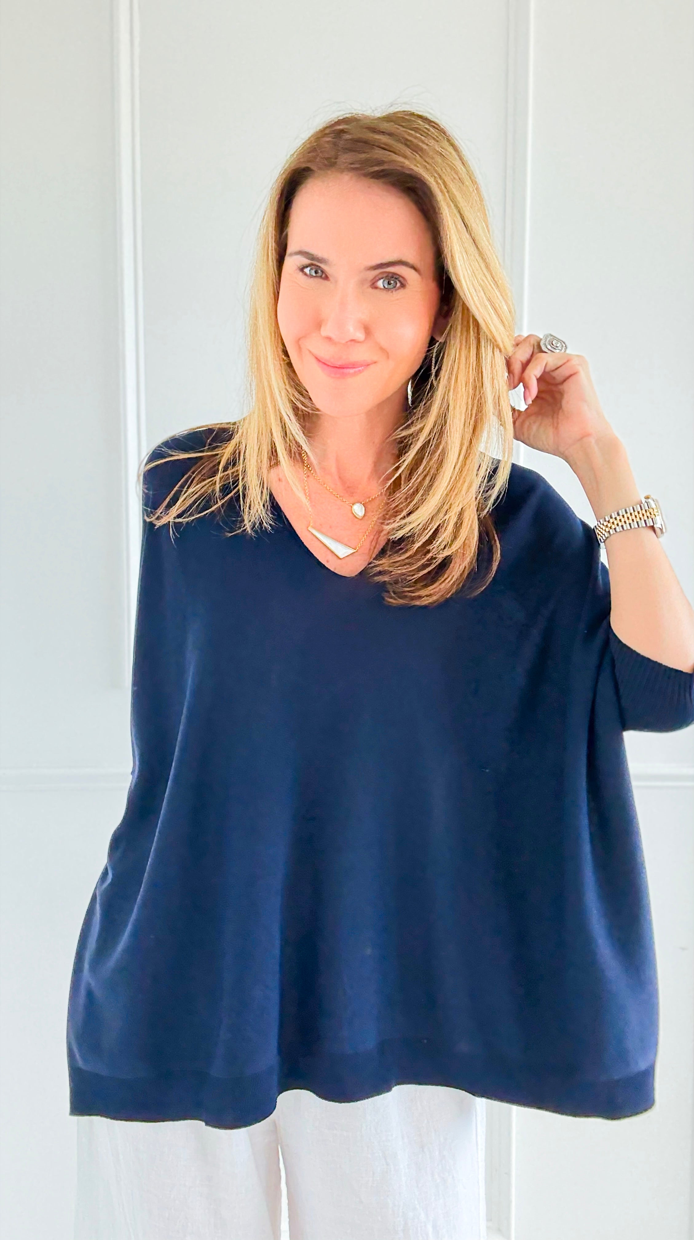 Relaxed Ease V-Neck Italian Top- Navy-110 short Sleeve Top-PROFITER-Coastal Bloom Boutique, find the trendiest versions of the popular styles and looks Located in Indialantic, FL