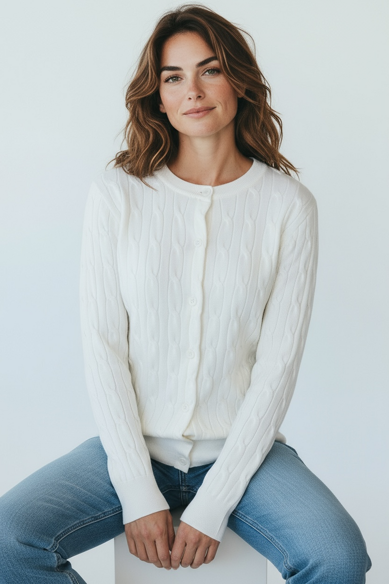 Cable Knit Crew Neck Cardigan - Ivory-150 Cardigans/Layers-Cielo-Coastal Bloom Boutique, find the trendiest versions of the popular styles and looks Located in Indialantic, FL