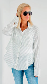 Striped Blouse With Buttons - White-130 Long Sleeve Tops-On Blue-Coastal Bloom Boutique, find the trendiest versions of the popular styles and looks Located in Indialantic, FL