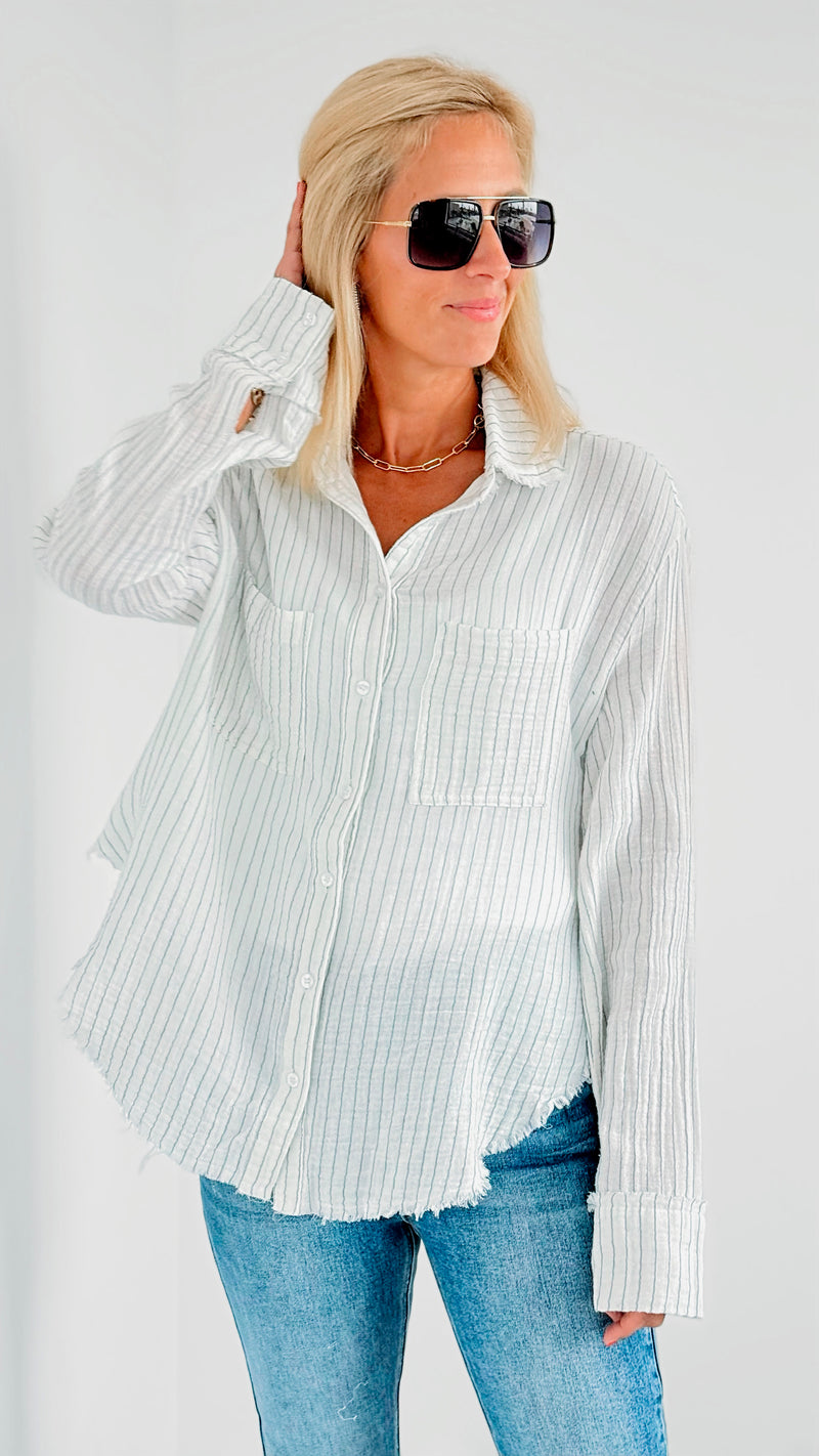 Striped Blouse With Buttons - White-130 Long Sleeve Tops-On Blue-Coastal Bloom Boutique, find the trendiest versions of the popular styles and looks Located in Indialantic, FL