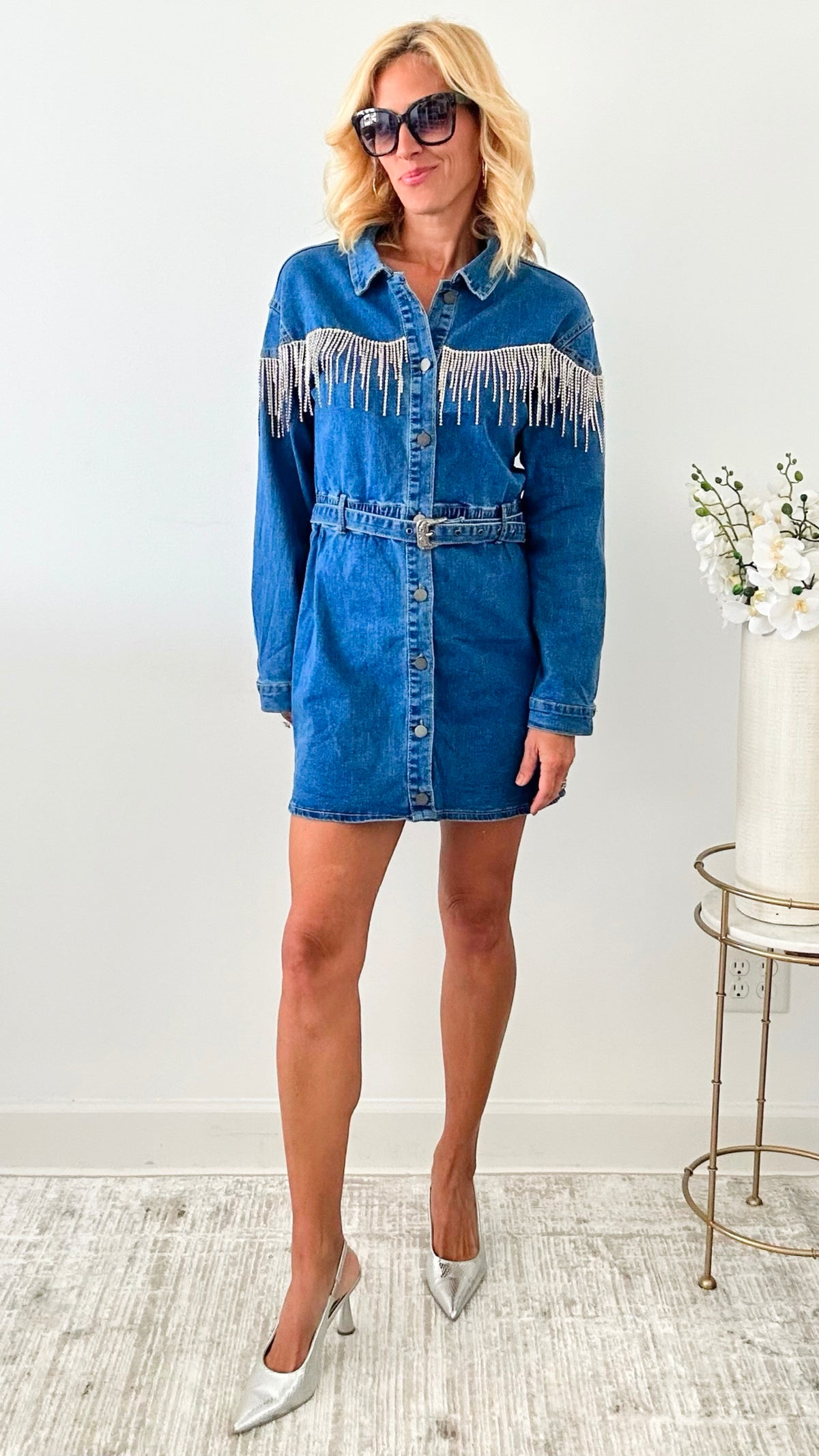Studs Detailed Denim Mini Dress-200 dresses/jumpsuits/rompers-Rousseau-Coastal Bloom Boutique, find the trendiest versions of the popular styles and looks Located in Indialantic, FL