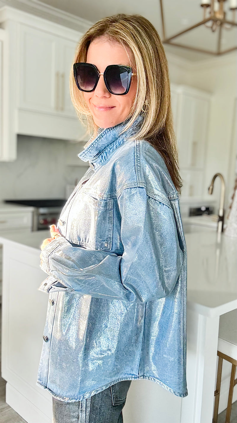 I'm the Party Metallic Foil Shacket - Silver-160 Jackets-sj style-Coastal Bloom Boutique, find the trendiest versions of the popular styles and looks Located in Indialantic, FL