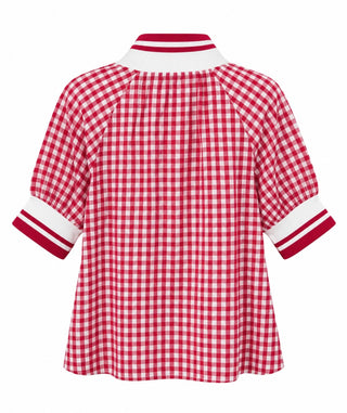 Gingham Striped Trim Quarter Zip Top