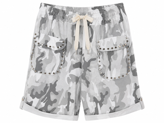 Camo Studded Pocket Italian Jogger Shorts- White