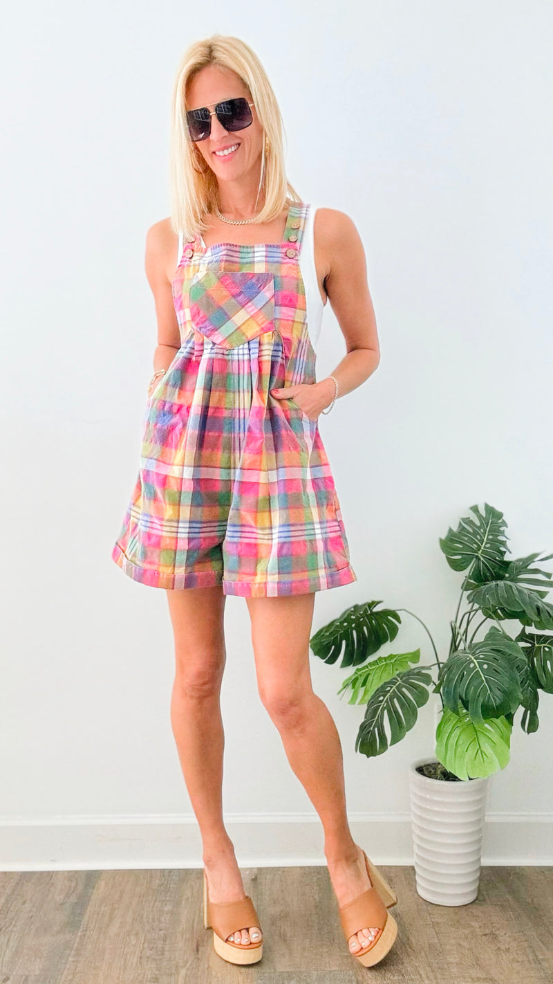 Vintage Plaid Wide Leg Shortalls-200 dresses/jumpsuits/rompers-BIBI-Coastal Bloom Boutique, find the trendiest versions of the popular styles and looks Located in Indialantic, FL