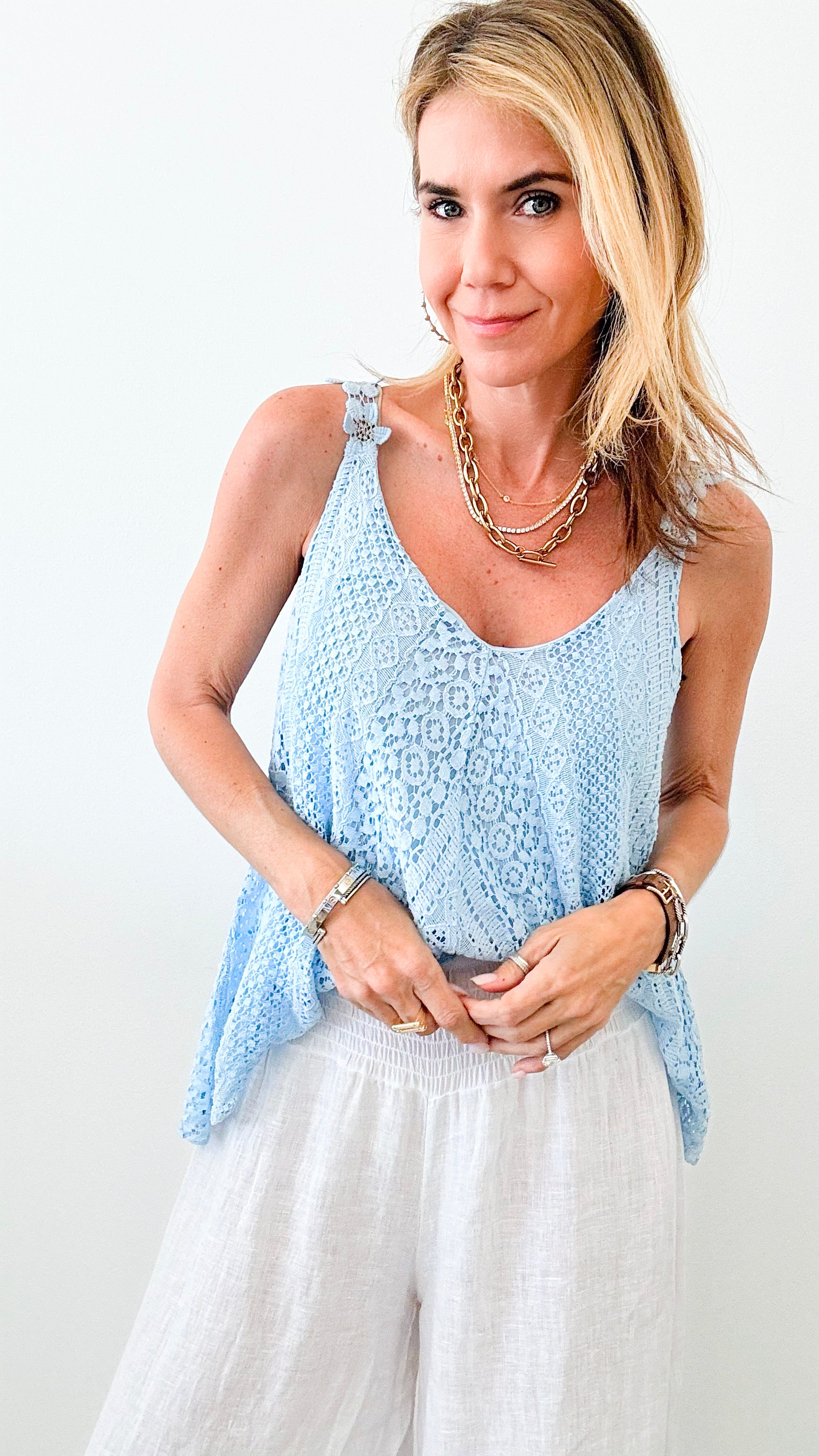 Delicate Daisy Italian Tank - Sky Blue-00 Sleevless Tops-Italianissimo-Coastal Bloom Boutique, find the trendiest versions of the popular styles and looks Located in Indialantic, FL