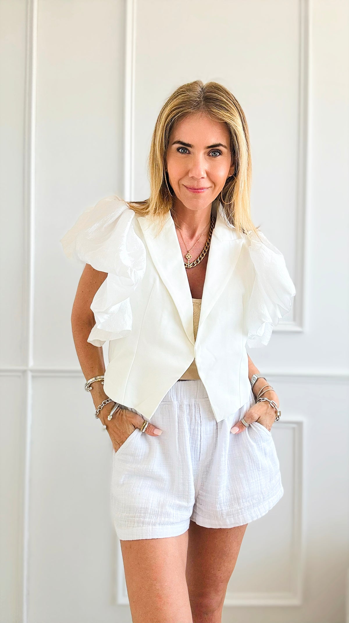 Plunging Puff Sleeve Single Button Blouse - White-110 Short Sleeve Tops-LA ROS-Coastal Bloom Boutique, find the trendiest versions of the popular styles and looks Located in Indialantic, FL
