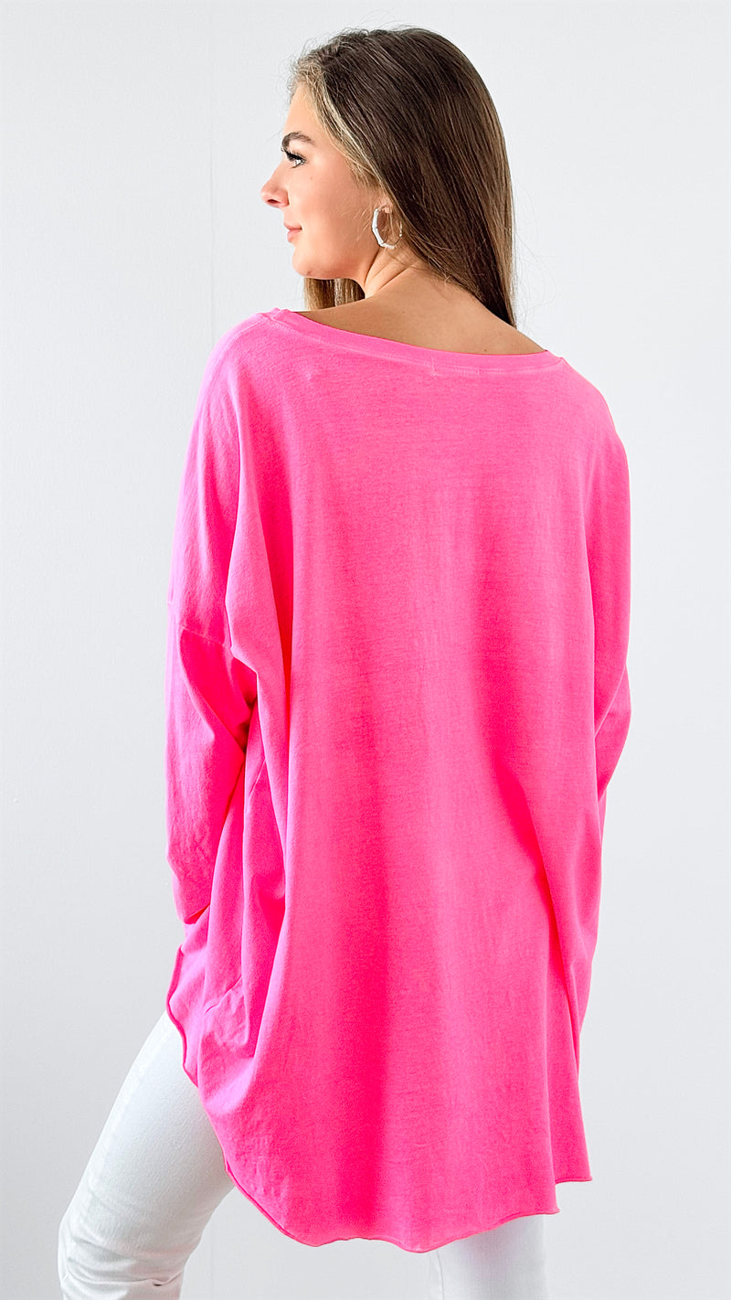 Laid Back Luxe Italian Tee- Neon Pink-110 Long Sleeve Tops-Italianissimo-Coastal Bloom Boutique, find the trendiest versions of the popular styles and looks Located in Indialantic, FL