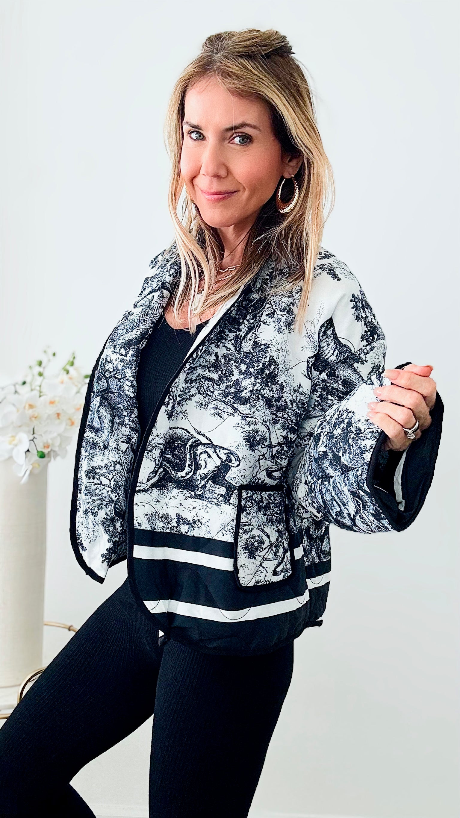 Toile Patched Pocket Print Jacket - Black-160 Jackets-SUNDAYUP-Coastal Bloom Boutique, find the trendiest versions of the popular styles and looks Located in Indialantic, FL