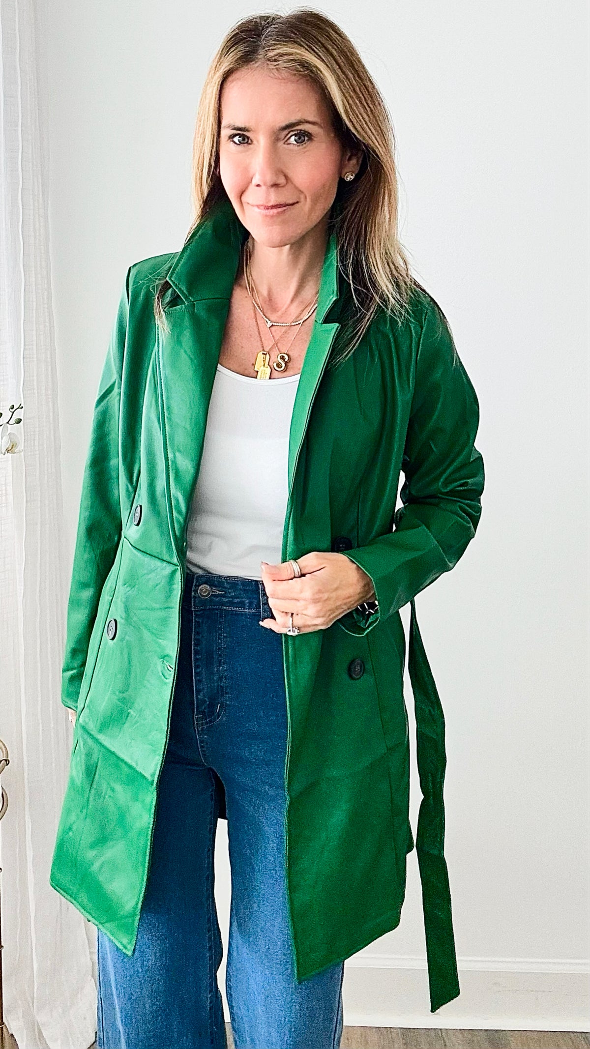 Faux Leather Trench With Belt- Kelly-160 Jackets-LOVE TREE-Coastal Bloom Boutique, find the trendiest versions of the popular styles and looks Located in Indialantic, FL