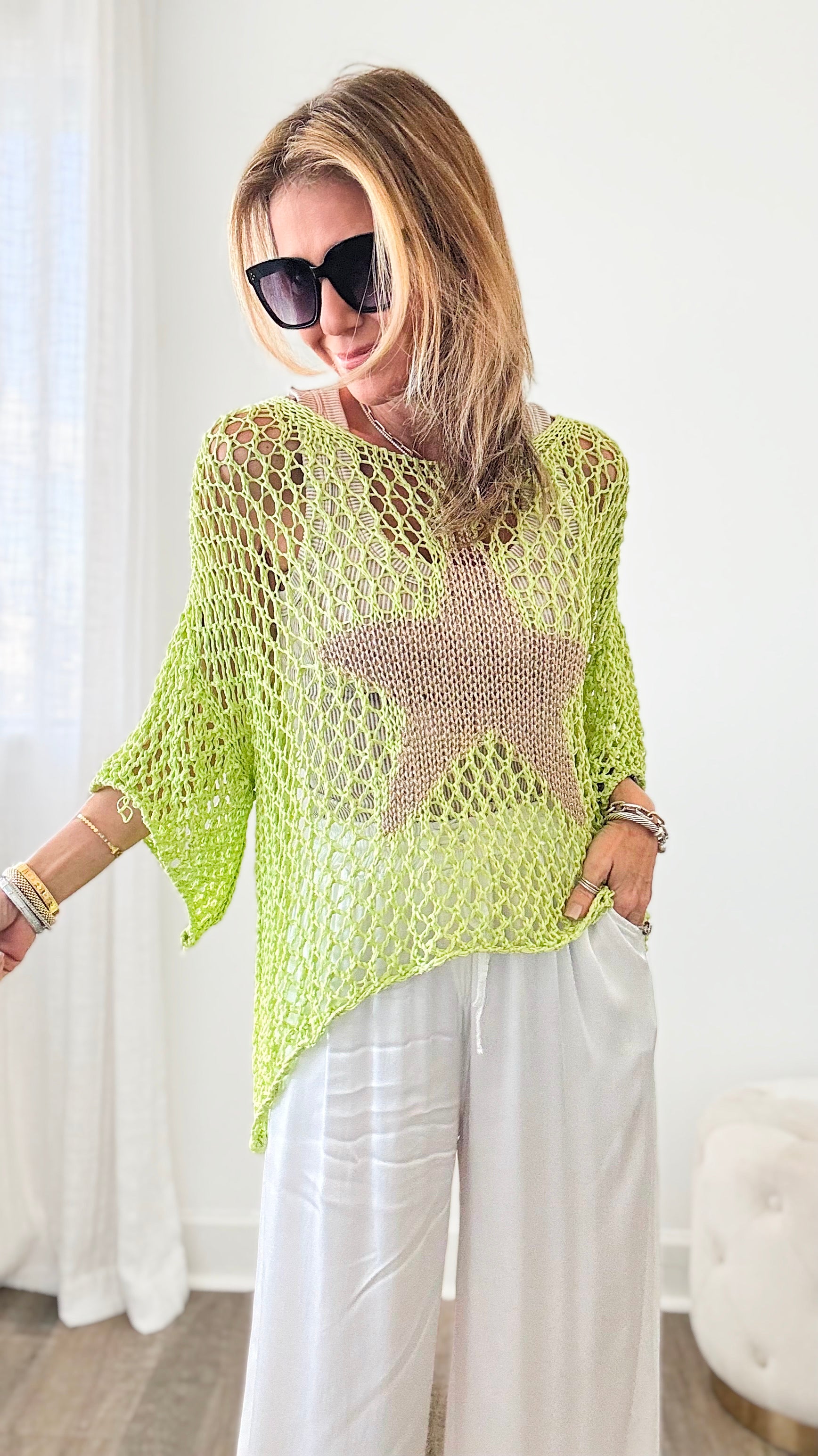 Shining Star Italian Chain Sweater - Lime-140 Sweaters-Italianissimo-Coastal Bloom Boutique, find the trendiest versions of the popular styles and looks Located in Indialantic, FL