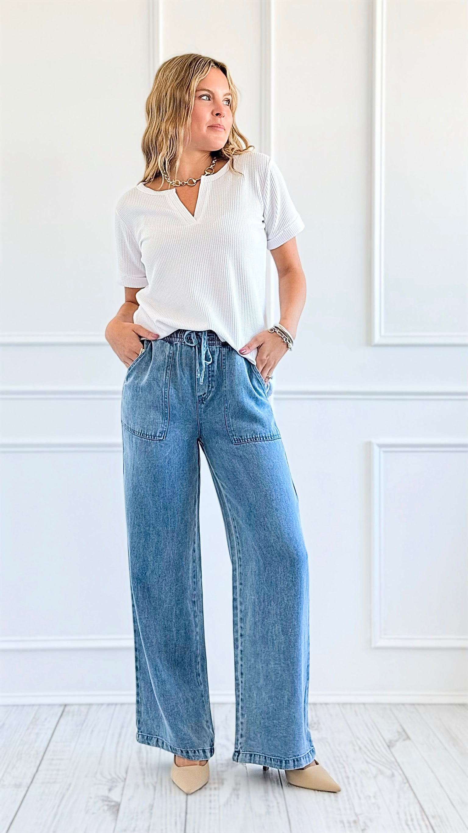 Relaxed Drawstring Denim Pants-190 Denim-Thread & Supply-Coastal Bloom Boutique, find the trendiest versions of the popular styles and looks Located in Indialantic, FL